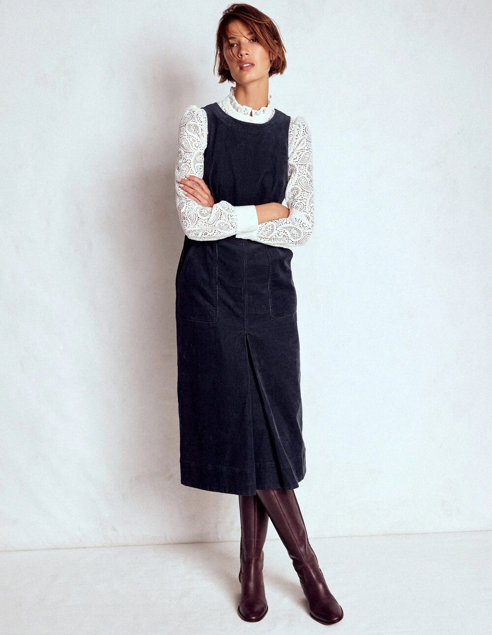 Boden Navy Midi Pinafore Dress with White Lace Sleeve Top